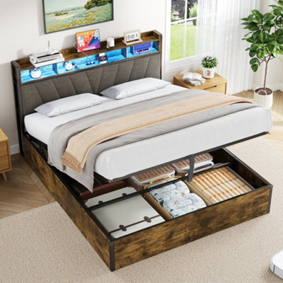 Abrihome 4Ft6 Hydraulic Storage Bed Frame W/ Rgb Led Headboard, Usb/type-C Charging, No Box Spring Needed, Black & Walnut - image 1
