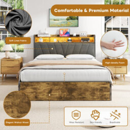 Abrihome 4Ft6 Hydraulic Storage Bed Frame W/ Rgb Led Headboard, Usb/type-C Charging, No Box Spring Needed, Black & Walnut - thumbnail 3