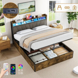 Abrihome 4Ft6 Hydraulic Storage Bed Frame W/ Rgb Led Headboard, Usb/type-C Charging, No Box Spring Needed, Black & Walnut - thumbnail 4