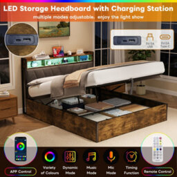 Abrihome 4Ft6 Hydraulic Storage Bed Frame W/ Rgb Led Headboard, Usb/type-C Charging, No Box Spring Needed, Black & Walnut - thumbnail 5