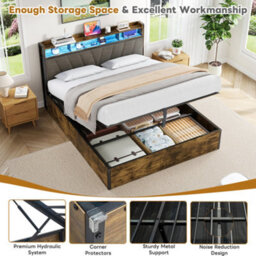 Abrihome 4Ft6 Hydraulic Storage Bed Frame W/ Rgb Led Headboard, Usb/type-C Charging, No Box Spring Needed, Black & Walnut - thumbnail 6