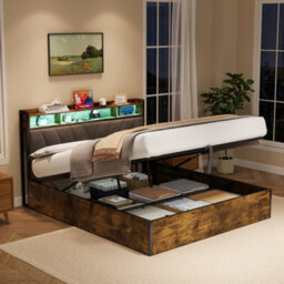 Abrihome 4Ft6 Hydraulic Storage Bed Frame W/ Rgb Led Headboard, Usb/type-C Charging, No Box Spring Needed, Black & Walnut - thumbnail 7