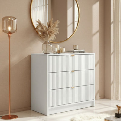 Chest Of Drawers With 3 Storage Units Tireno 3Sz White Velvet Mdf Wood Fluted Fronts Minimalist Sideboard For Modern Bedroom - image 1