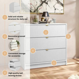 Chest Of Drawers With 3 Storage Units Tireno 3Sz White Velvet Mdf Wood Fluted Fronts Minimalist Sideboard For Modern Bedroom - thumbnail 6