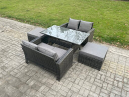 Fimous 6 Seater Pe Wicker Rattan Garden Furniture Set Love Sofa Outdoor Rectangular Dining Table 2 Big Footstool - thumbnail 1
