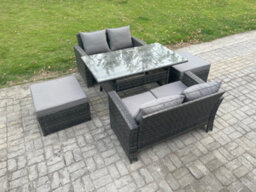 Fimous 6 Seater Pe Wicker Rattan Garden Furniture Set Love Sofa Outdoor Rectangular Dining Table 2 Big Footstool - thumbnail 2