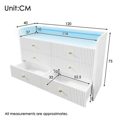 Btm 6 Drawer Fluted Chest Sideboard With Rgb Led Lighting Storage Cabinet With Shelves White 120X40X75Cm - image 1