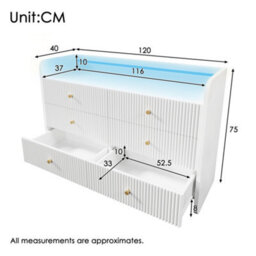 Btm 6 Drawer Fluted Chest Sideboard With Rgb Led Lighting Storage Cabinet With Shelves White 120X40X75Cm - thumbnail 1