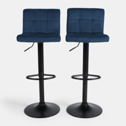 OHS Adjustable Bar Stools X 2 Velvet Swivel Seat Kitchen Chair, Navy Blue - thumbnail 2