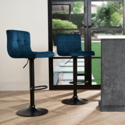 OHS Adjustable Bar Stools X 2 Velvet Swivel Seat Kitchen Chair, Navy Blue