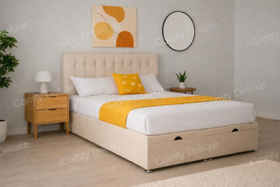 Comfy Deluxe 2Ft6 Small Single Cream Plush Florence Ottoman Lift Open Storage Bed Set Headboard With Mattress