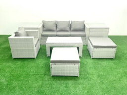 Fimous Outdoor Rattan Garden Furniture Set Grey Cushions 6 Seater 2 Big Stools And Coffee Table,2 Side Table - thumbnail 1