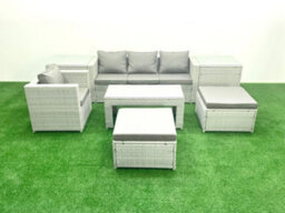 Fimous Outdoor Rattan Garden Furniture Set Grey Cushions 6 Seater 2 Big Stools And Coffee Table,2 Side Table - thumbnail 2