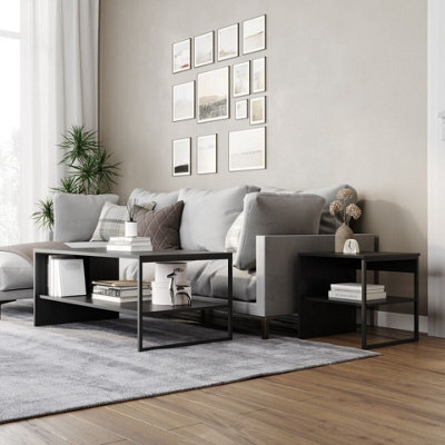 Urbn-Living Urbnliving 100Cm Width Black Steel Frame Wooden Coffee Table & 2 X 40Cm Sofa Side End Open Storage Unit - image 1