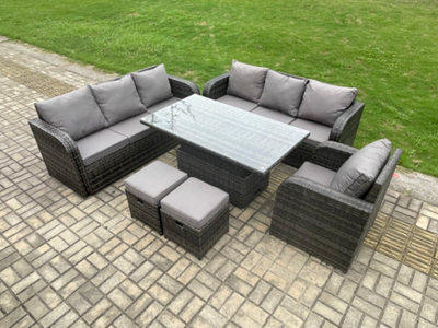 Fimous Outdoor Rattan Garden Furniture Sets Height Adjustable Rising Lifting Dining Table Sofa Set With Reclining Chair - image 1