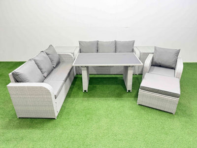 Fimous Rattan Garden Furniture Dining Set 8-Seater Patio Rectangular Table Sofa Set With 2 Side Tables Big Stool Light Grey - image 1