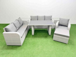 Fimous Rattan Garden Furniture Dining Set 8-Seater Patio Rectangular Table Sofa Set With 2 Side Tables Big Stool Light Grey - thumbnail 1