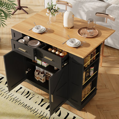 Matteo Black Foldable Kitchen Island On Wheels With 2 Drawers, Storage Cabinet & Spice Racks - Mobile Trolley - image 1