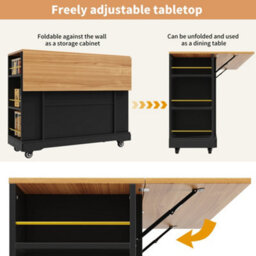 Matteo Black Foldable Kitchen Island On Wheels With 2 Drawers, Storage Cabinet & Spice Racks - Mobile Trolley - thumbnail 9