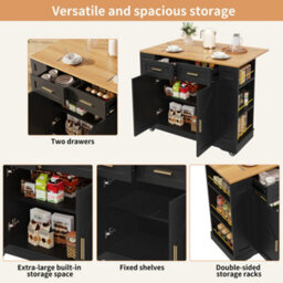 Matteo Black Foldable Kitchen Island On Wheels With 2 Drawers, Storage Cabinet & Spice Racks - Mobile Trolley - thumbnail 8