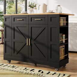 Matteo Black Foldable Kitchen Island On Wheels With 2 Drawers, Storage Cabinet & Spice Racks - Mobile Trolley - thumbnail 3
