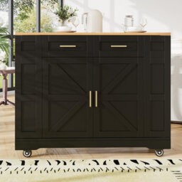 Matteo Black Foldable Kitchen Island On Wheels With 2 Drawers, Storage Cabinet & Spice Racks - Mobile Trolley - thumbnail 2
