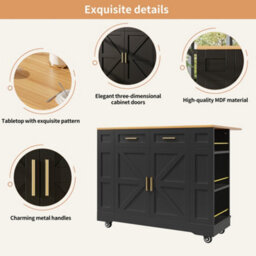 Matteo Black Foldable Kitchen Island On Wheels With 2 Drawers, Storage Cabinet & Spice Racks - Mobile Trolley - thumbnail 7