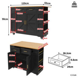 Matteo Black Foldable Kitchen Island On Wheels With 2 Drawers, Storage Cabinet & Spice Racks - Mobile Trolley - thumbnail 6
