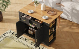 Matteo Black Foldable Kitchen Island On Wheels With 2 Drawers, Storage Cabinet & Spice Racks - Mobile Trolley - thumbnail 5
