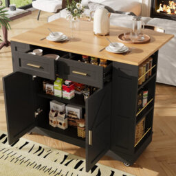 Matteo Black Foldable Kitchen Island On Wheels With 2 Drawers, Storage Cabinet & Spice Racks - Mobile Trolley - thumbnail 4