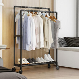 Living And Home Black Double Rod Heavy Duty Metal Clothes Rack Bedroom Garment Rack Shoes Rack With Wheels 115Cm - thumbnail 3