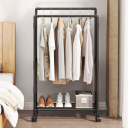Living And Home Black Double Rod Heavy Duty Metal Clothes Rack Bedroom Garment Rack Shoes Rack With Wheels 115Cm - thumbnail 2