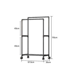 Living And Home Black Double Rod Heavy Duty Metal Clothes Rack Bedroom Garment Rack Shoes Rack With Wheels 115Cm - thumbnail 6
