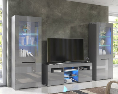 Furneo High Gloss & Matt Grey Living Room Set Tv Stand Display Cabinets Milanog Blue Led Lights - image 1