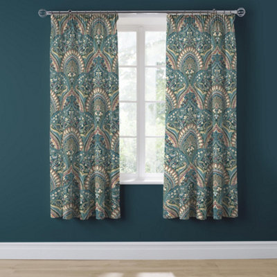 Dreams & Drapes Palais Teal Lined Pair Of Pencil Pleat Curtains With Tie-Backs - image 1