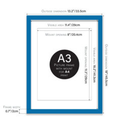 A3 Blue Picture Frame With Mount For A4 (21 X 29.7Cm -8.3 X 11.7In) Poster, Photo, Artwork, Or Print. - thumbnail 2
