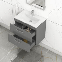Royal Bathrooms Turin Indigo Grey Gloss 600mm Wall Hung Vanity Unit 2 Drawer With Minimalist Basin Sink - thumbnail 5