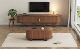 Btm Tv Stand And Coffee Table Set Dark Walnut Mdf Tv Cabinet With 2 Drawers Sliding Doors For 70 Inch Tv - thumbnail 6