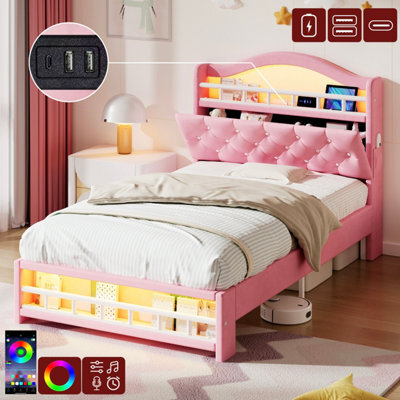Btm 3Ft Velvet Led Bed Frame With Charging Station & Storage Headboard, Pink (No Mattress) - image 1