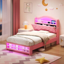 Btm 3Ft Velvet Led Bed Frame With Charging Station & Storage Headboard, Pink (No Mattress) - thumbnail 4