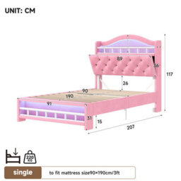 Btm 3Ft Velvet Led Bed Frame With Charging Station & Storage Headboard, Pink (No Mattress) - thumbnail 9