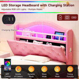 Btm 3Ft Velvet Led Bed Frame With Charging Station & Storage Headboard, Pink (No Mattress) - thumbnail 7