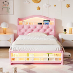 Btm 3Ft Velvet Led Bed Frame With Charging Station & Storage Headboard, Pink (No Mattress) - thumbnail 5