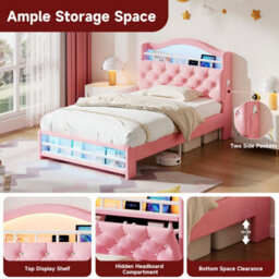 Btm 3Ft Velvet Led Bed Frame With Charging Station & Storage Headboard, Pink (No Mattress) - thumbnail 6