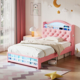 Btm 3Ft Velvet Led Bed Frame With Charging Station & Storage Headboard, Pink (No Mattress) - thumbnail 3