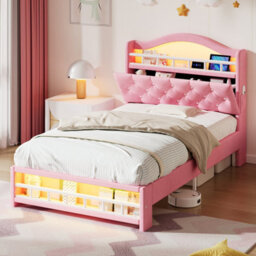 Btm 3Ft Velvet Led Bed Frame With Charging Station & Storage Headboard, Pink (No Mattress) - thumbnail 2