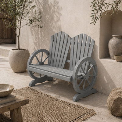 Wyld Haus Zittuso Grey Fir Wood Garden Loveseat With Wagon Wheel Armrests, 2-Seater Rustic Bench, L108 X D66 X H95Cm - image 1