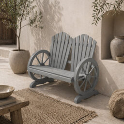 Wyld Haus Zittuso Grey Fir Wood Garden Loveseat With Wagon Wheel Armrests, 2-Seater Rustic Bench, L108 X D66 X H95Cm - thumbnail 1