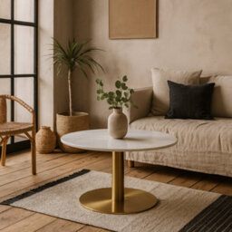 Wyld Haus Meadowbloom White Marble Round Coffee Table With Brushed Brass Base - thumbnail 1