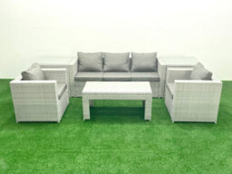 Fimous Rattan Garden Furniture Set 6 Pieces Outdoor Garden Sofa Oblong Coffee Table Set 2 Chairs 2 Side Tabes Light Grey - thumbnail 2